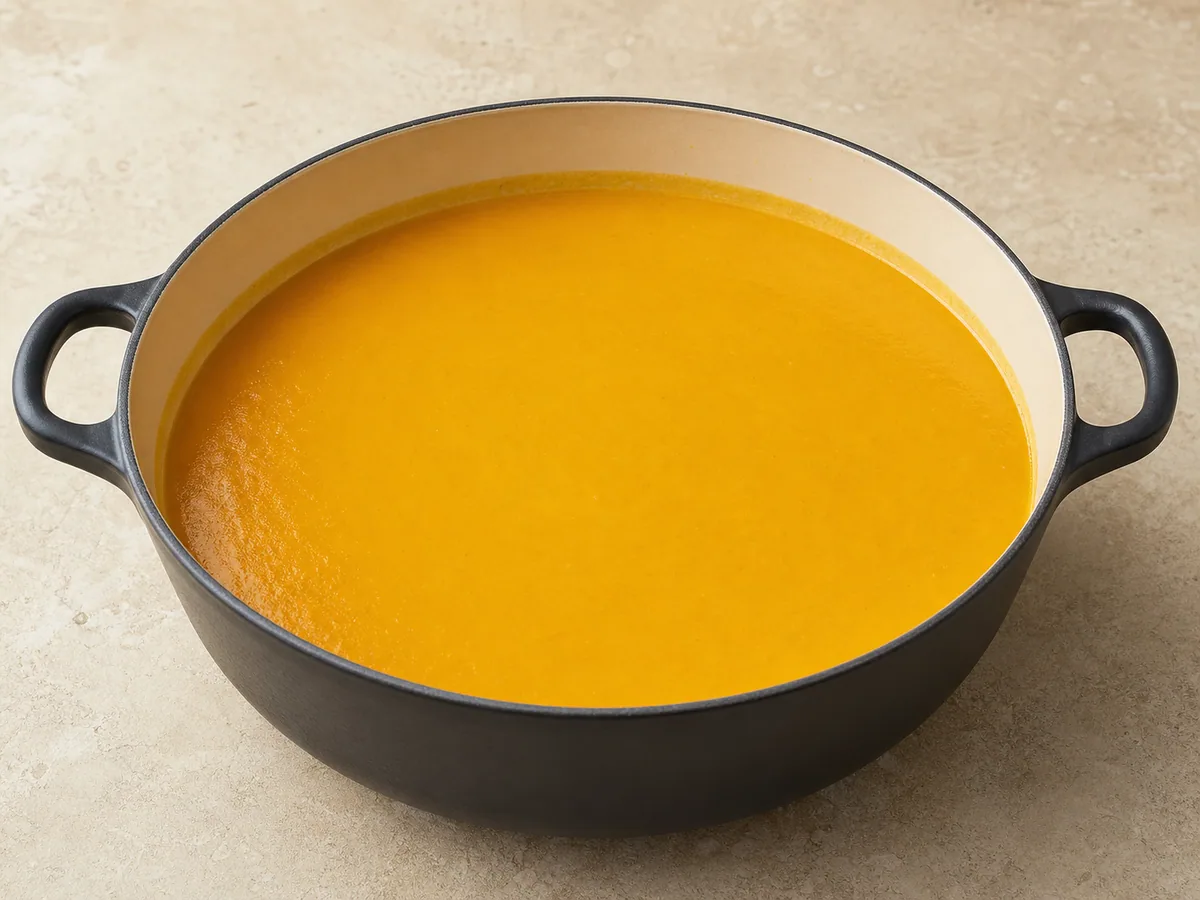 Sopa caribenha de abóbora com coco cremosa e aveludada, logo após ser batida na panela