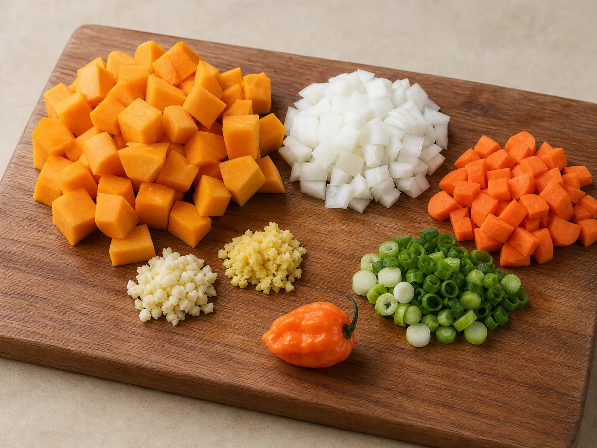 Cubos de abóbora caribenha preparados, legumes picados, temperos e uma Scotch bonnet inteira para a sopa caribenha de abóbora com coco
