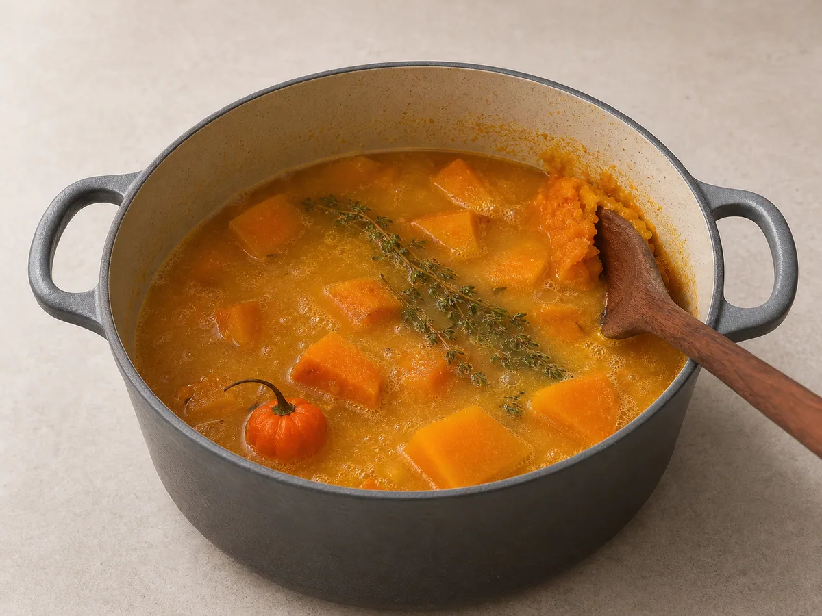 Abóbora caribenha macia se desmancheo facilmente na base da sopa caribenha de abóbora com coco
