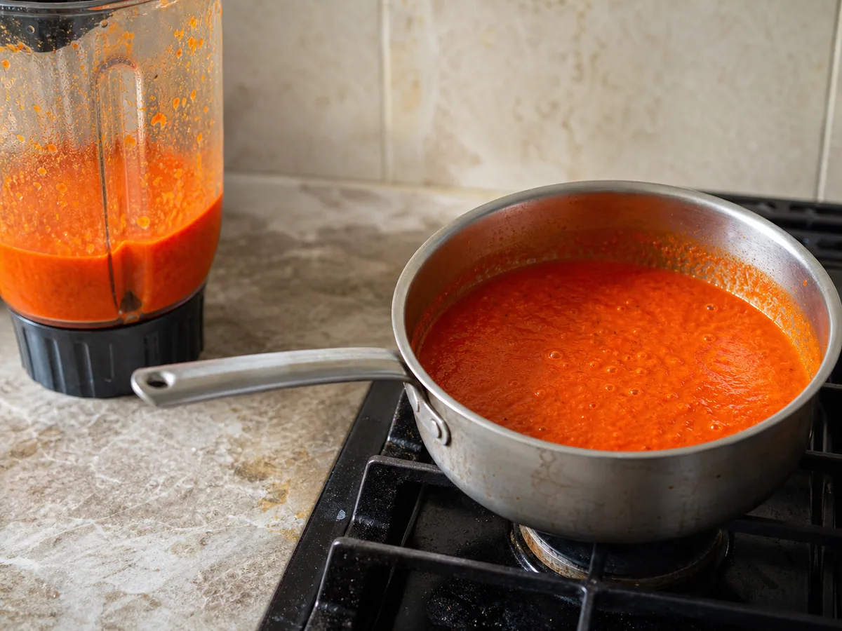 Smooth orange-red Scotch bonnet pepper sauce lightly coating a spoon after simmering