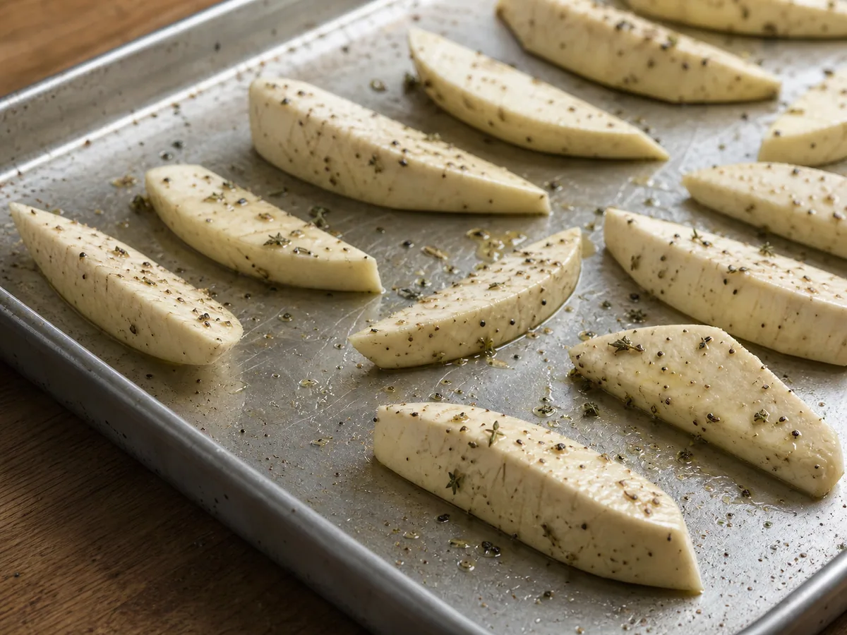 Seasoned breadfruit wedges arranged broad-side down in one uncrowded layer for roasting