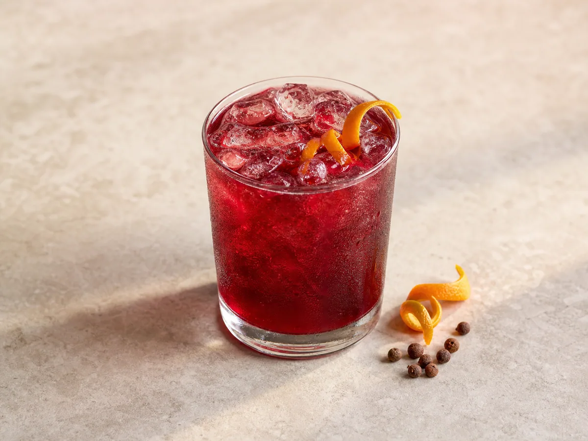 Glass of ruby-red Caribbean sorrel drink served over ice with orange peel