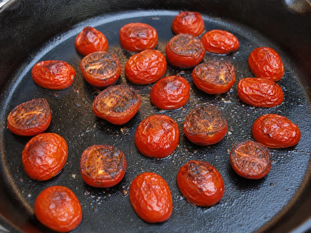 Tomates-cereja cortados ao meio chamuscando com o lado cortado para baixo em uma frigideira de ferro fundido, dourados mas ainda inteiros