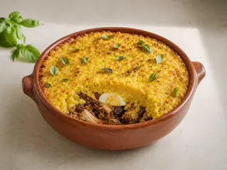 Pastel de choclo dorado en una fuente de barro, con la cobertura de maíz y el relleno sabroso visibles