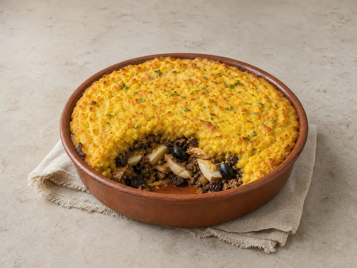 Pastel de choclo dorado en una fuente de barro, con la cubierta de maíz y el relleno sabroso a la vista