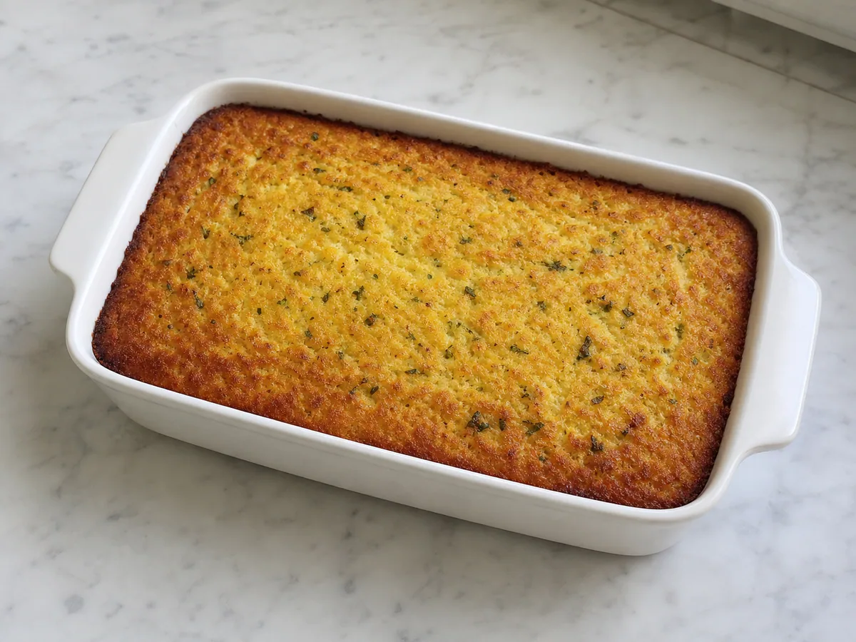 Pastel de choclo assado intacto, com cobertura de milho bem dourada na assadeira
