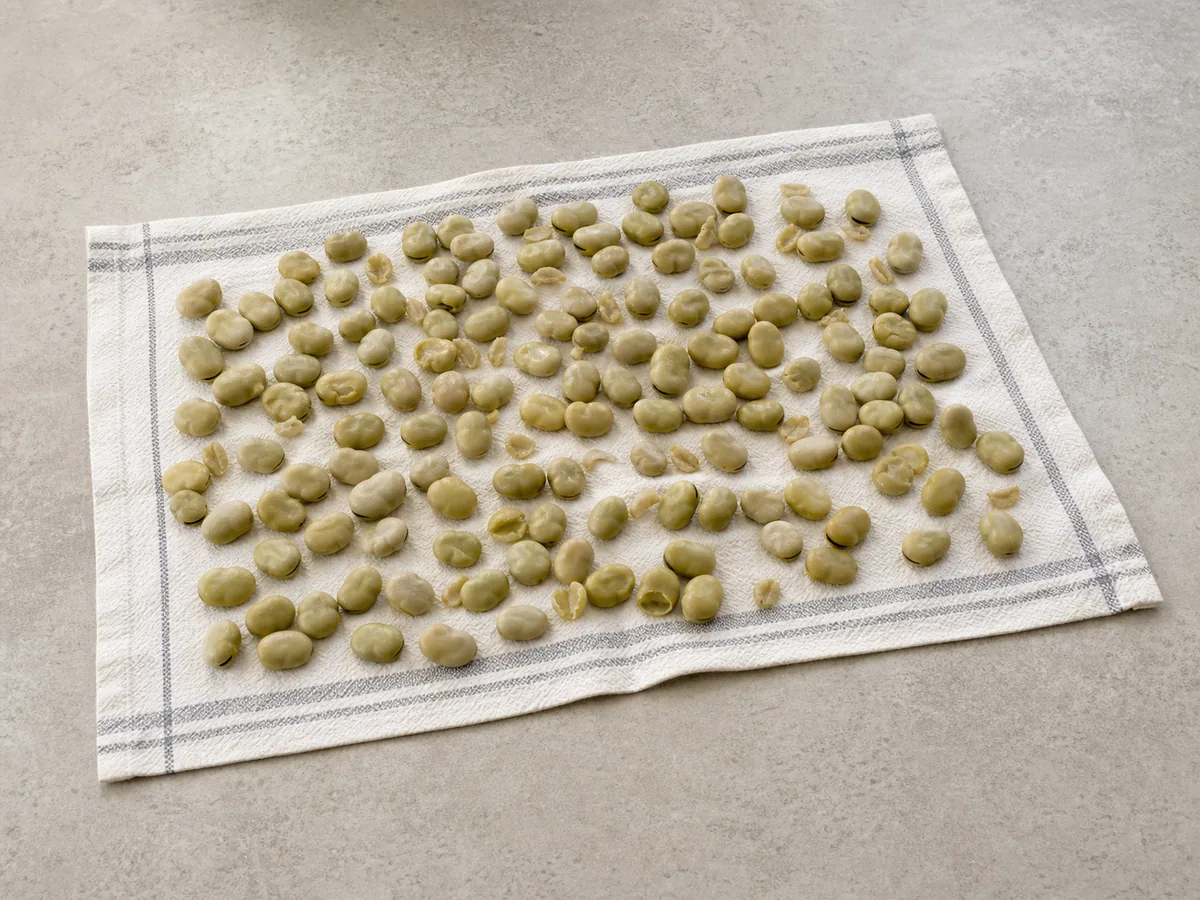 Rinsed broad beans drying in a single layer on a clean towel