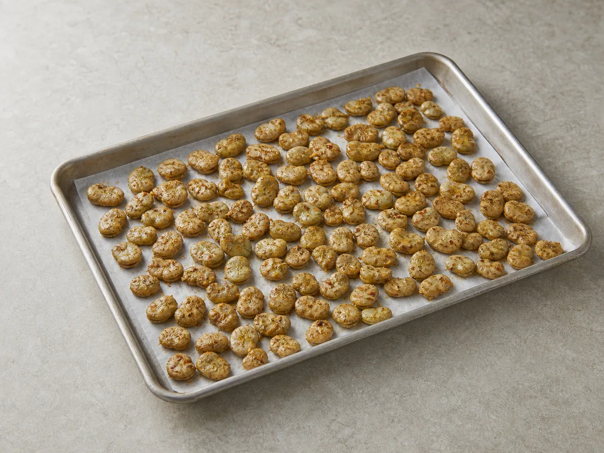 Five-spice coated broad beans spread in one uncrowded layer before roasting
