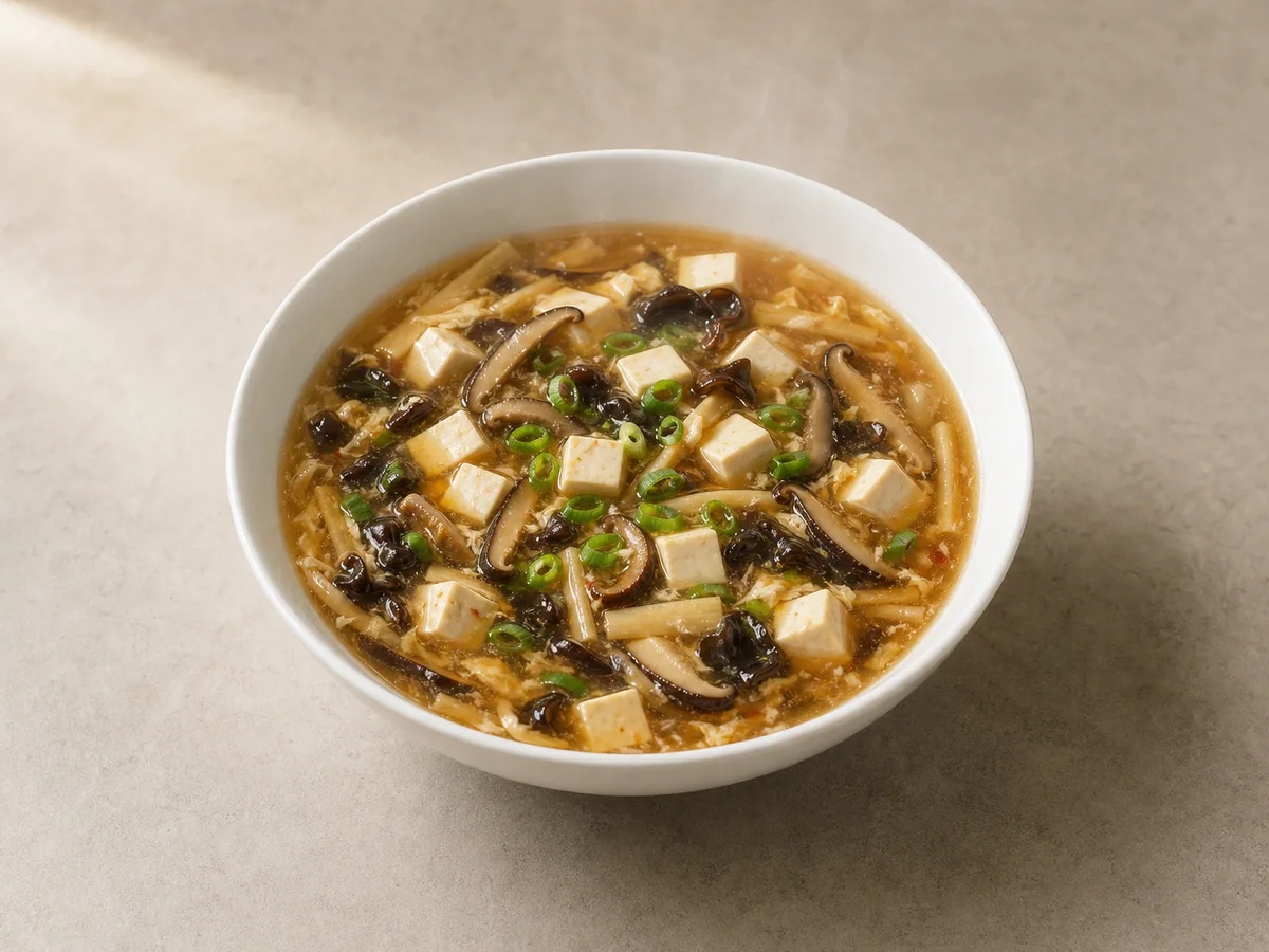Tigela de sopa chinesa de tofu agridoce e picante com cogumelos e cebolinha