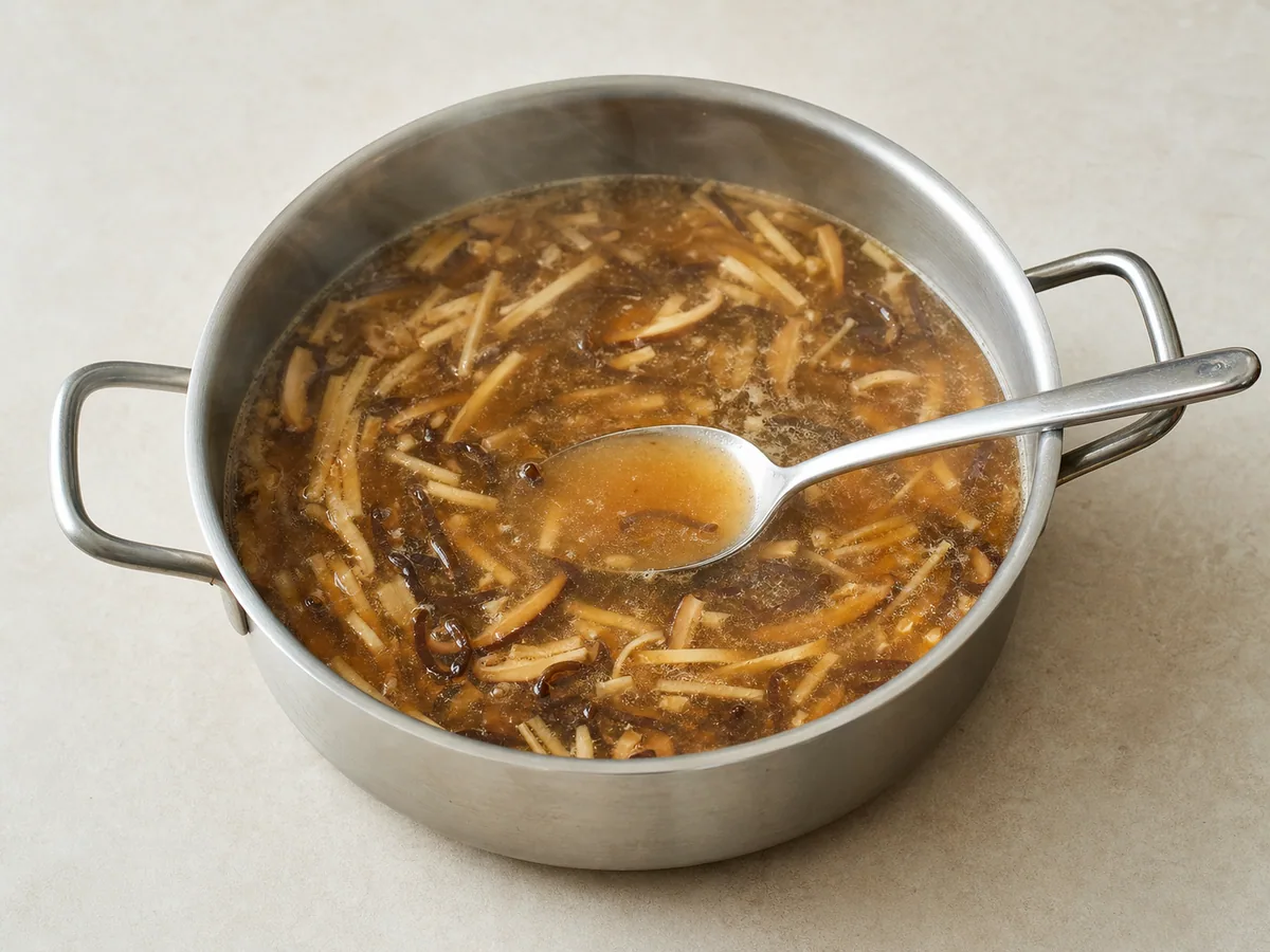 Caldo brilhante de sopa chinesa agripicante de tofu, cobrindo levemente uma colher após a adição do amido de milho
