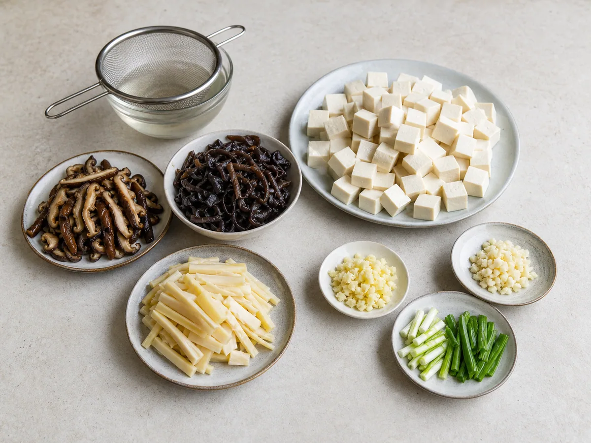 Tiras reidratadas de shiitake e orelha-de-pau, tofu em cubos, brotos de bambu, gengibre, alho e cebolinha separada para sopa chinesa agripicante de tofu