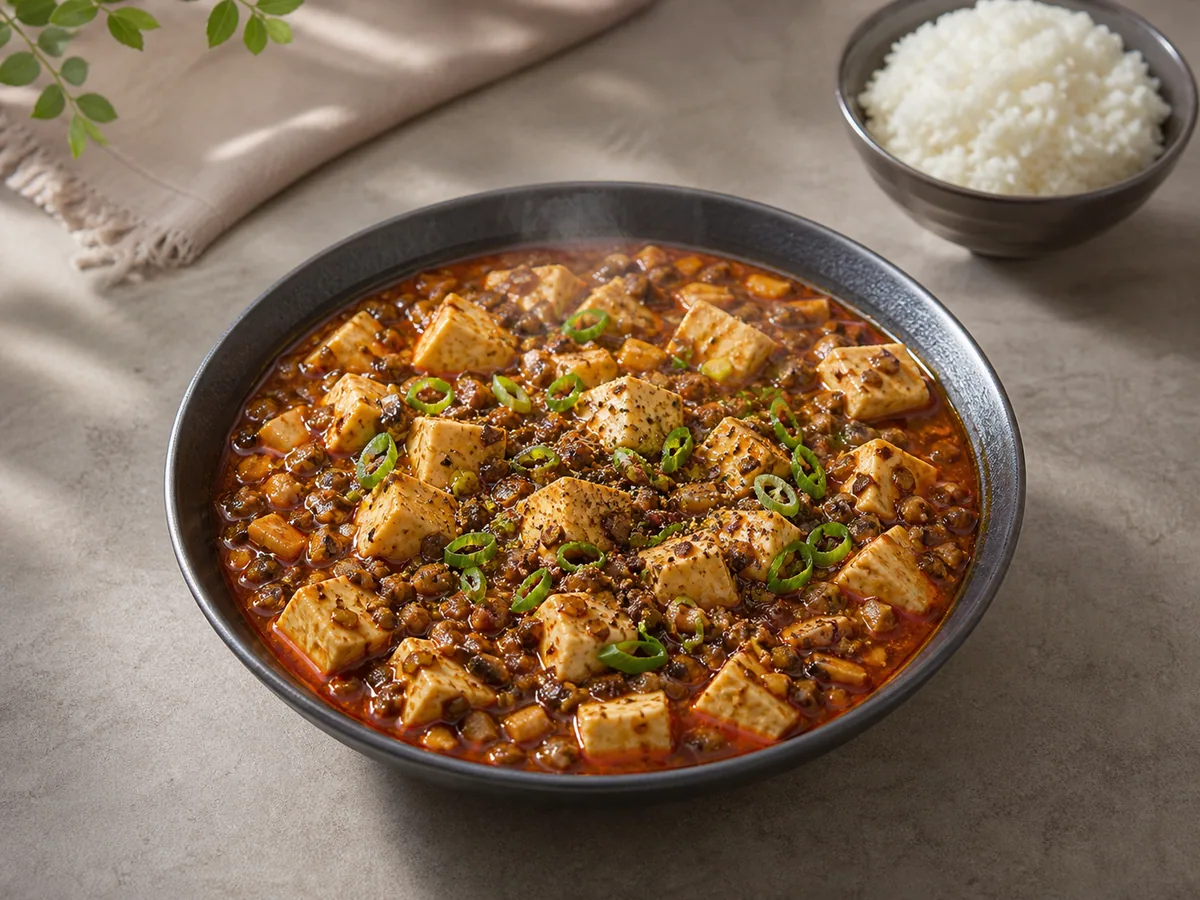 Tazón de mapo tofu con champiñones, cebollín y pimienta de Sichuan