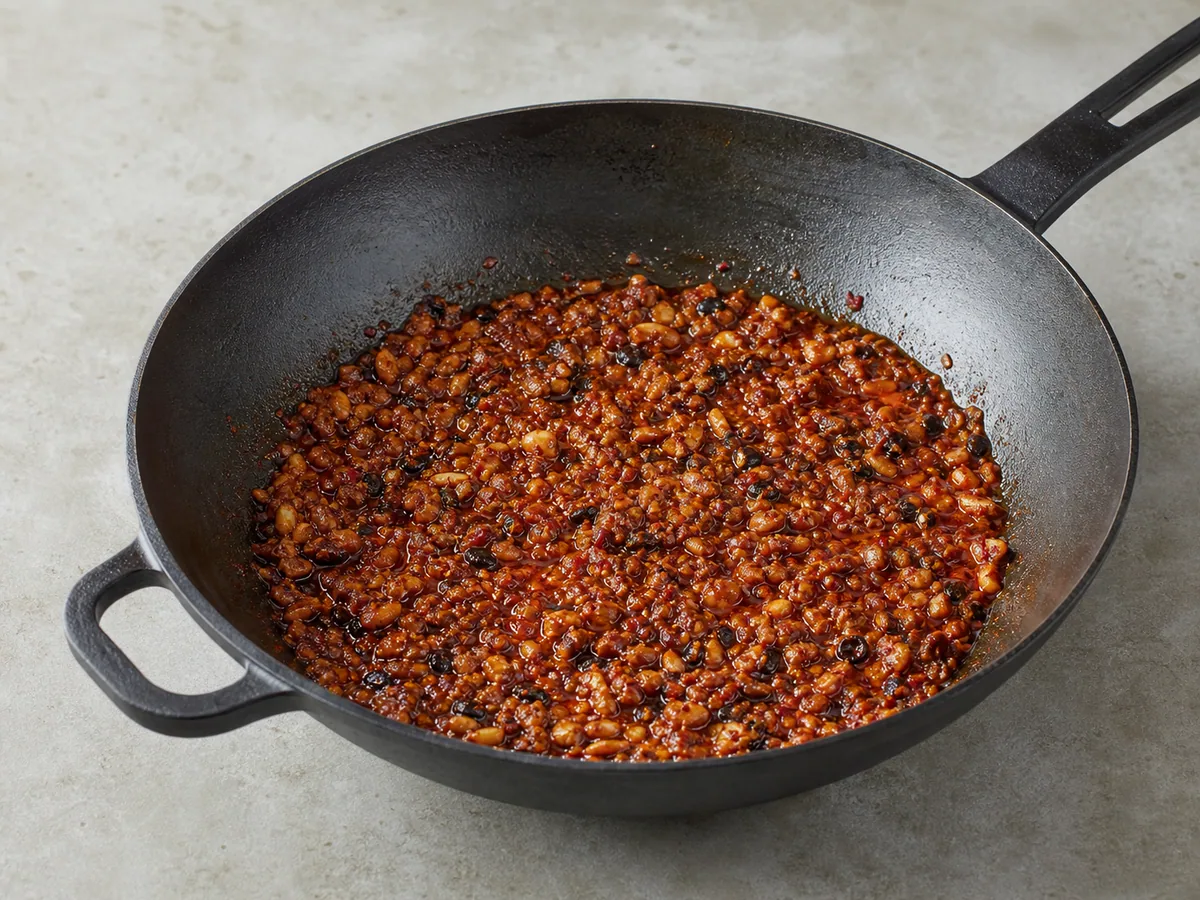 Base de molho fermentado vermelho-tijolo cobrindo cogumelos dourados para mapo tofu chinês com cogumelos