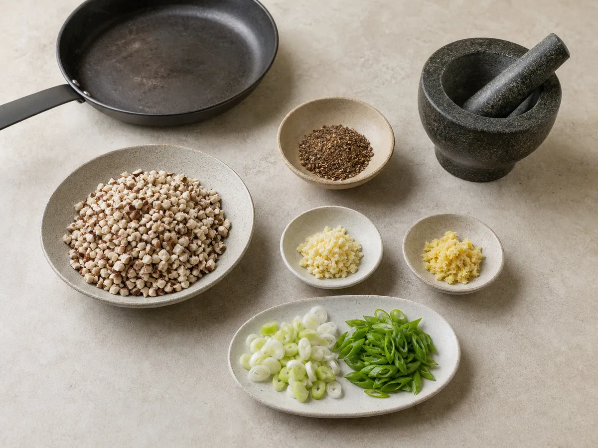 Aromáticos preparados e pimenta-de-Sichuan moída para mapo tofu chinês com cogumelos