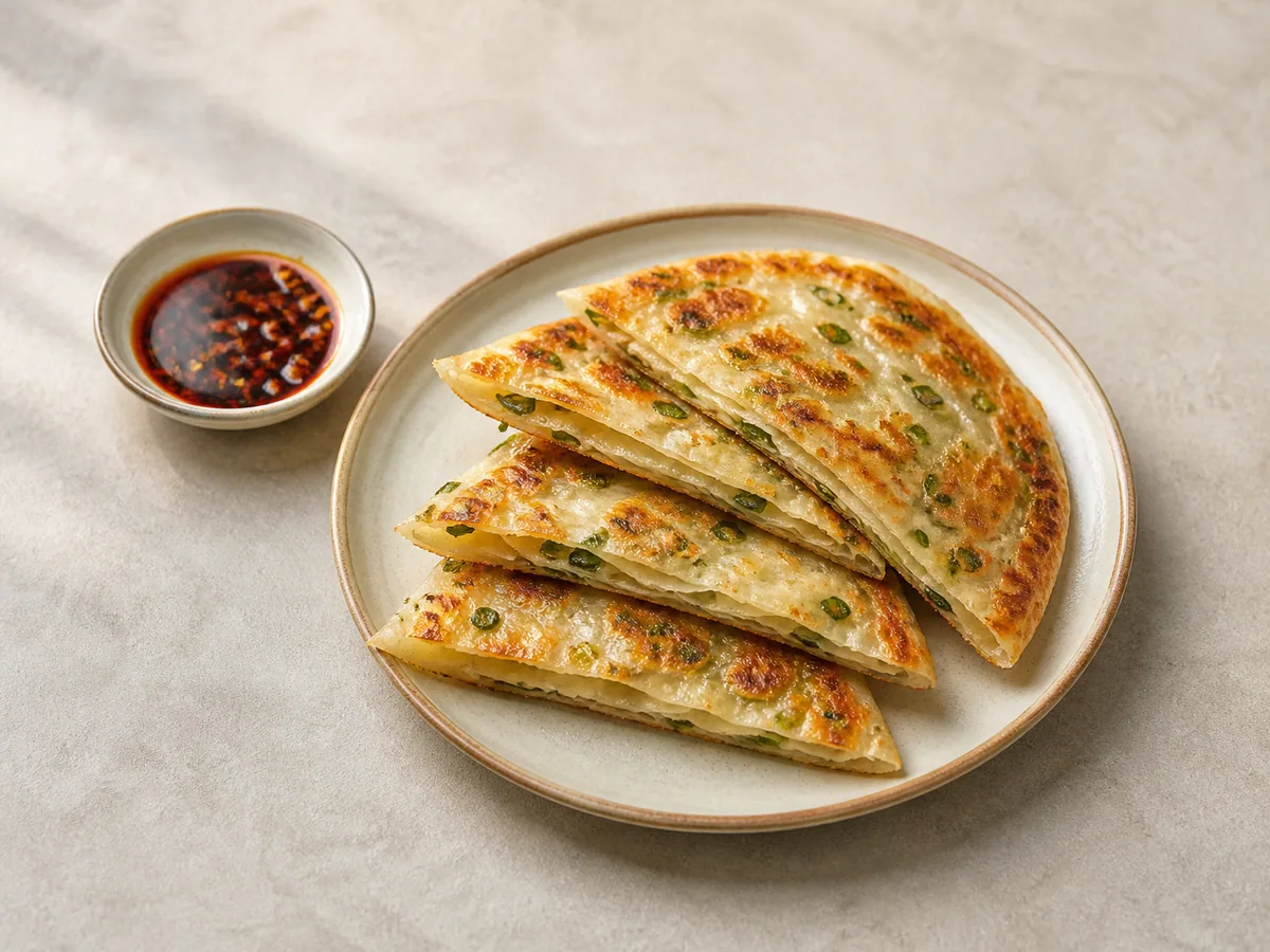 Fatias de panquecas chinesas de cebolinha crocantes empilhadas com molho de shoyu e vinagre