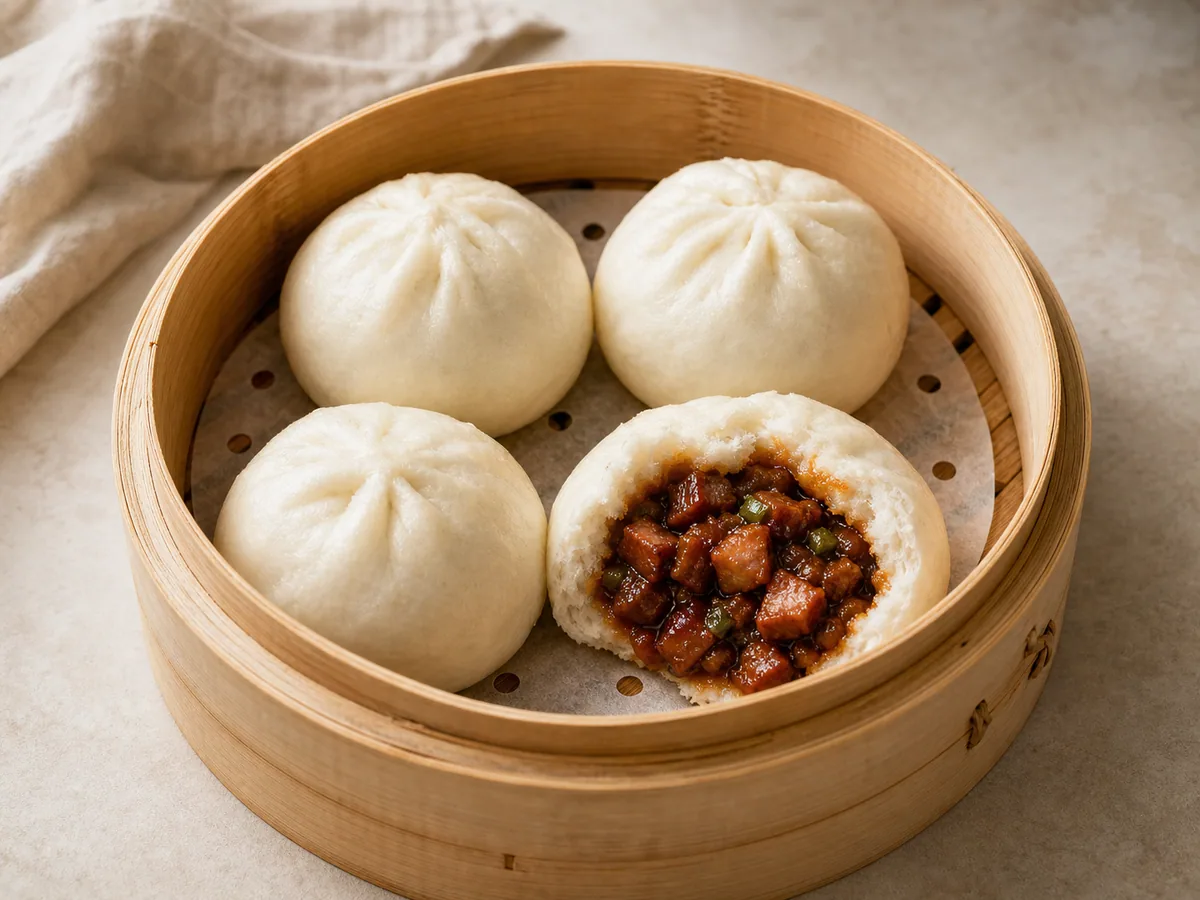 Bamboo steamer filled with fluffy char siu bao, with one bun opened to show the pork filling