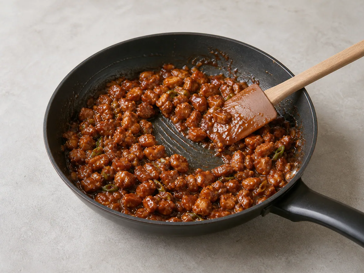 Glossy char siu pork filling thickened in a skillet before cooling