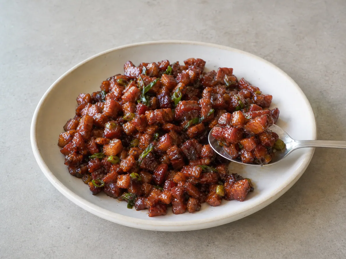Cooled char siu filling holding a firm spooned mound in a shallow dish