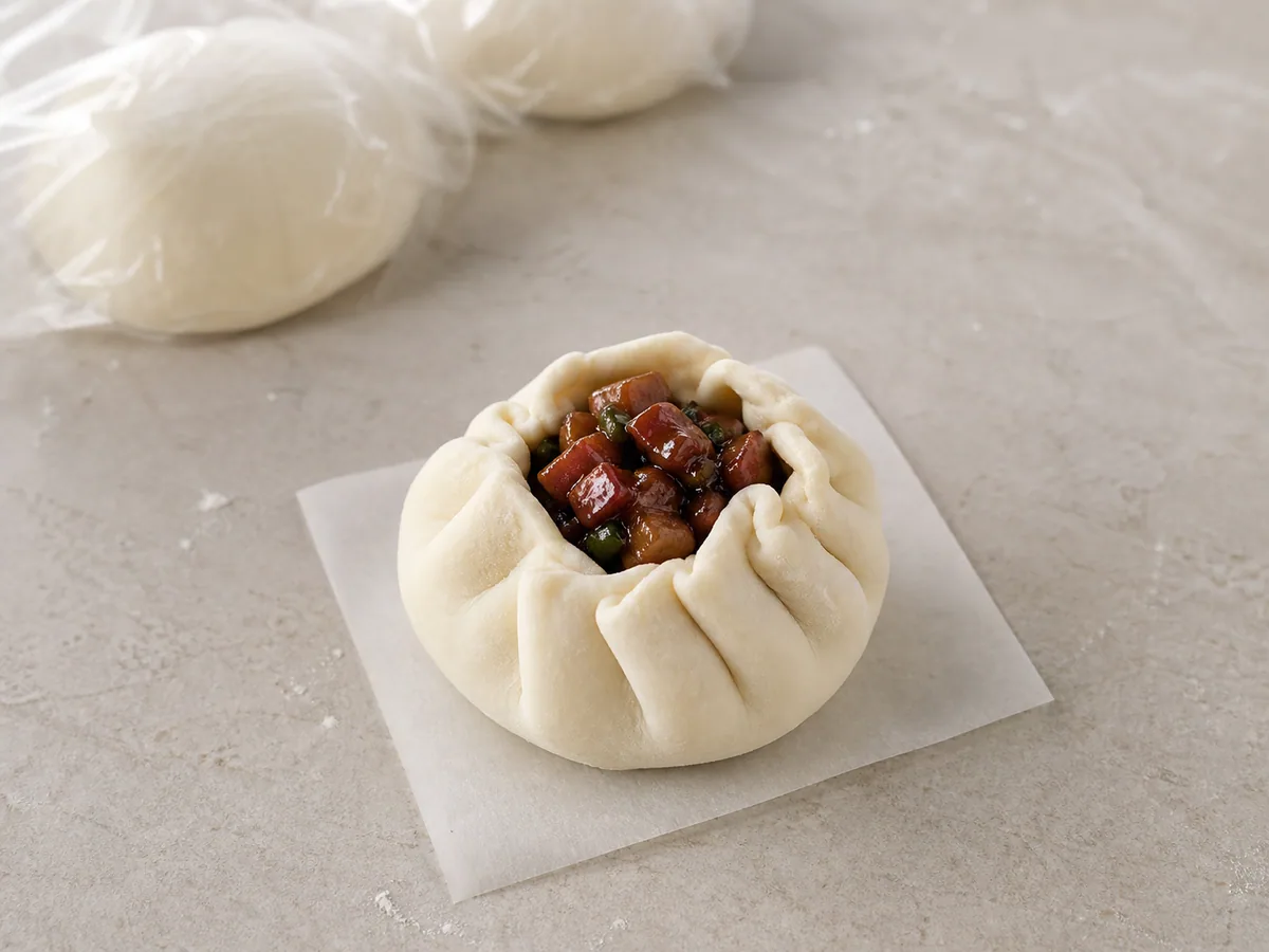 Partially pleated bao enclosing fully cooked char siu pork filling