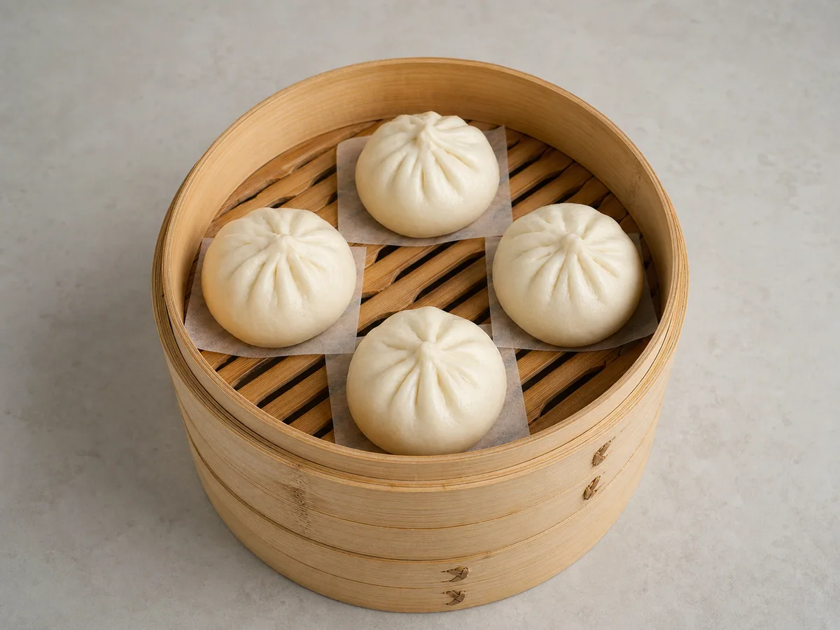 Four slightly puffy unsteamed char siu bao spaced in one steamer tier