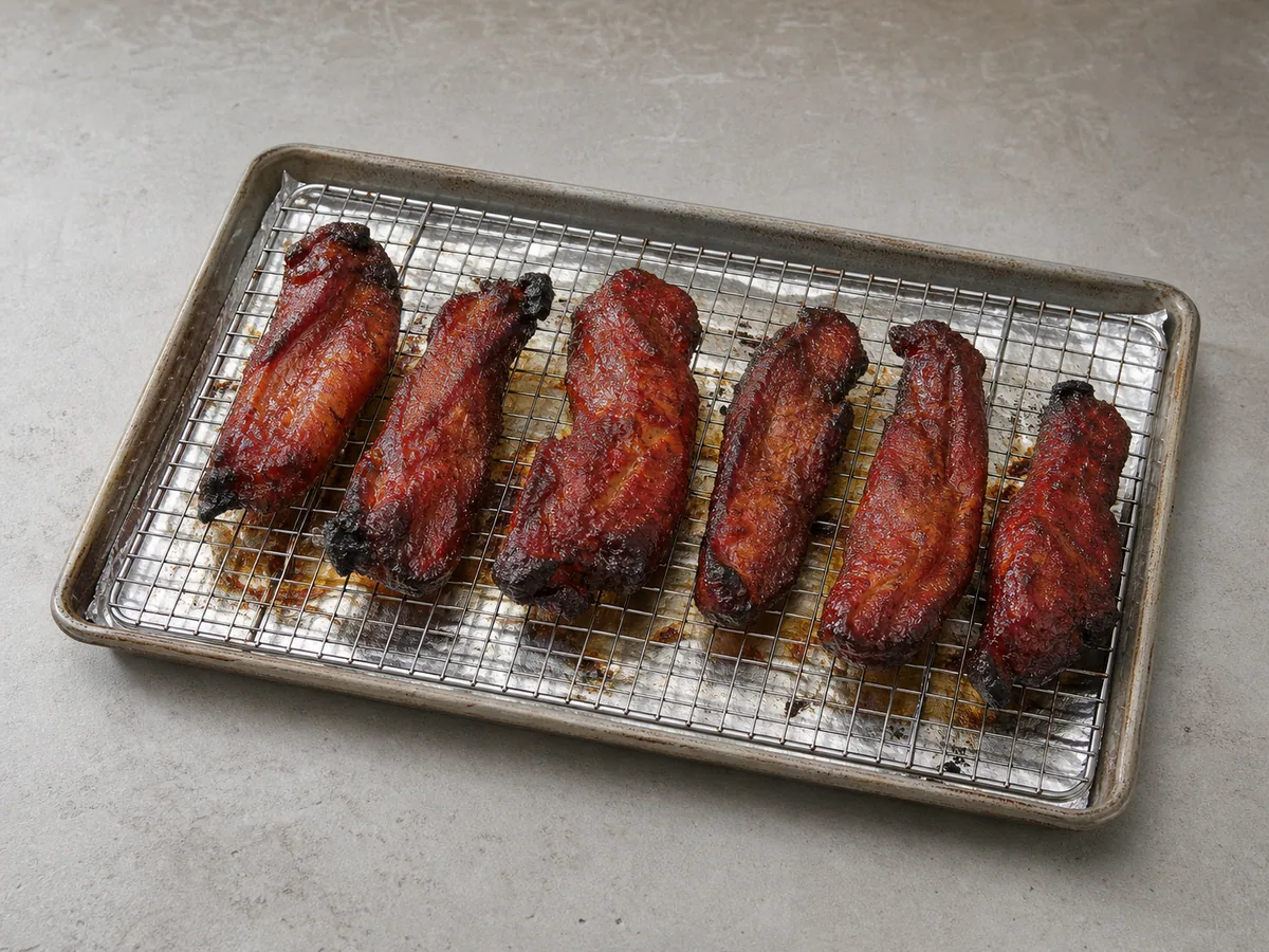Fully cooked glossy char siu pork strips caramelized on a wire rack