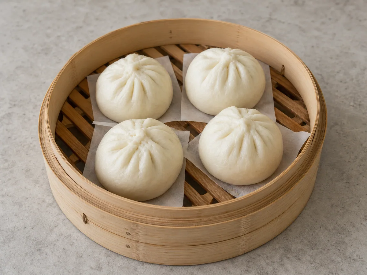 Fully steamed matte char siu bao puffed in a bamboo steamer