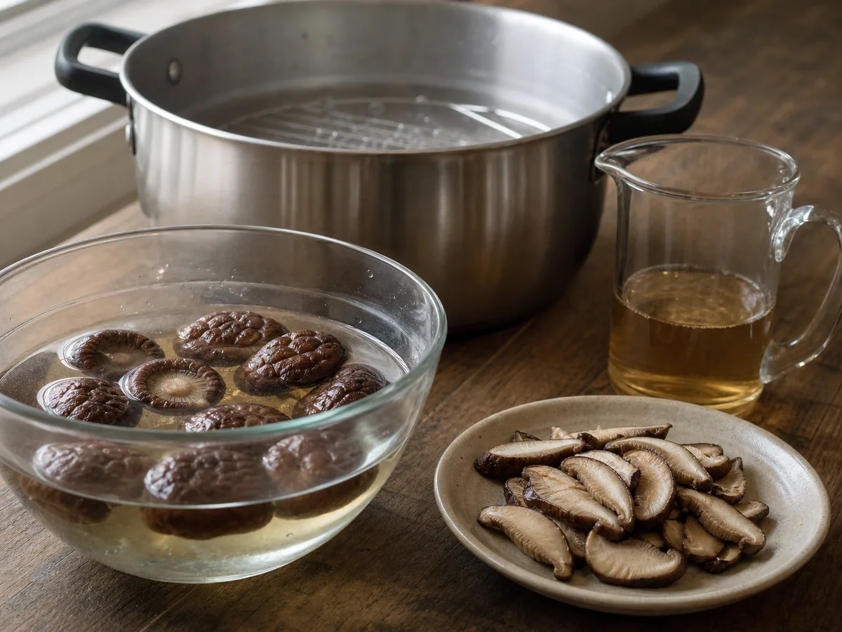 Chapéus de shiitake hidratados ao lado de líquido âmbar e límpido da hidratação