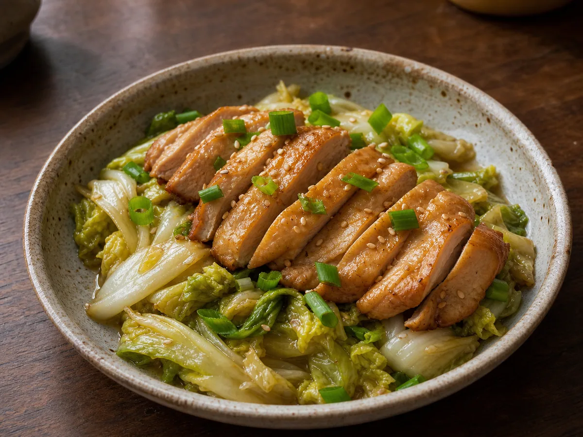 Pollo ahumado con té en rebanadas sobre col Napa salteada con cebollín y sésamo