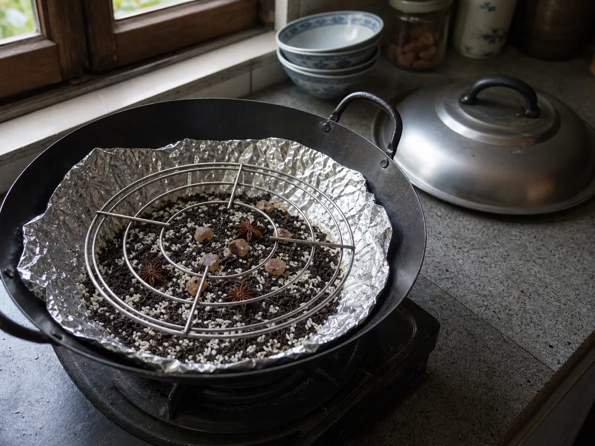 Wok forrada com papel-alumínio, preparada com chá preto, arroz, açúcar mascavo, anis-estrelado e uma grade metálica elevada