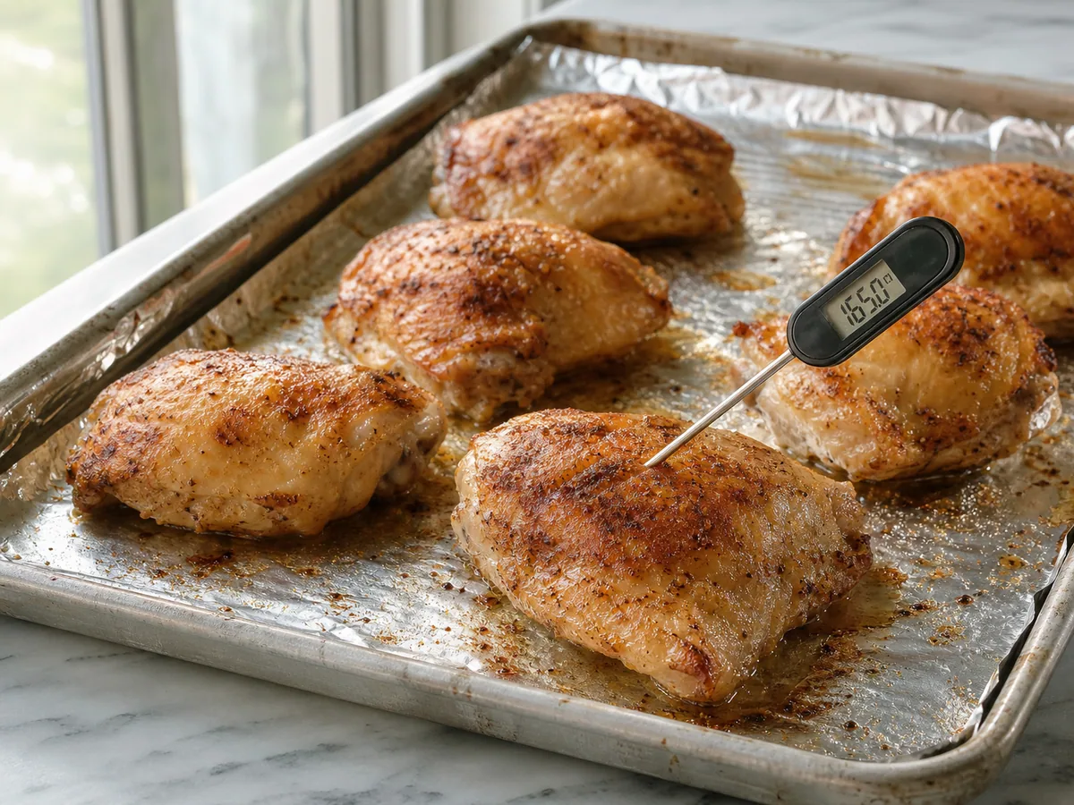 Sobrecoxas de frango completamente cozidas em assadeira forrada com papel-alumínio, com termômetro culinário verificando o pedaço mais grosso