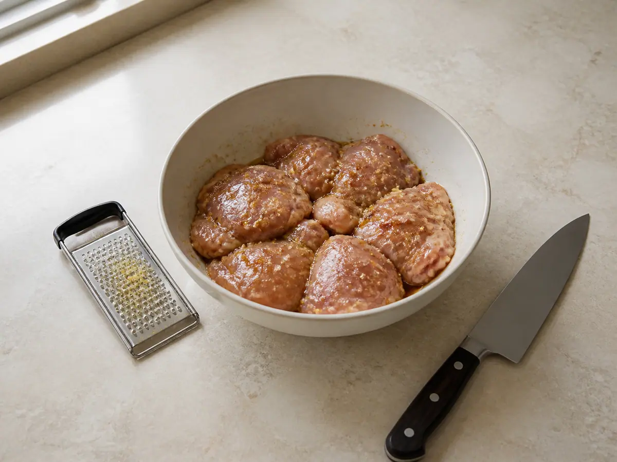 Raw chicken thighs evenly coated with soy, sesame oil, ginger, garlic, five-spice, and salt