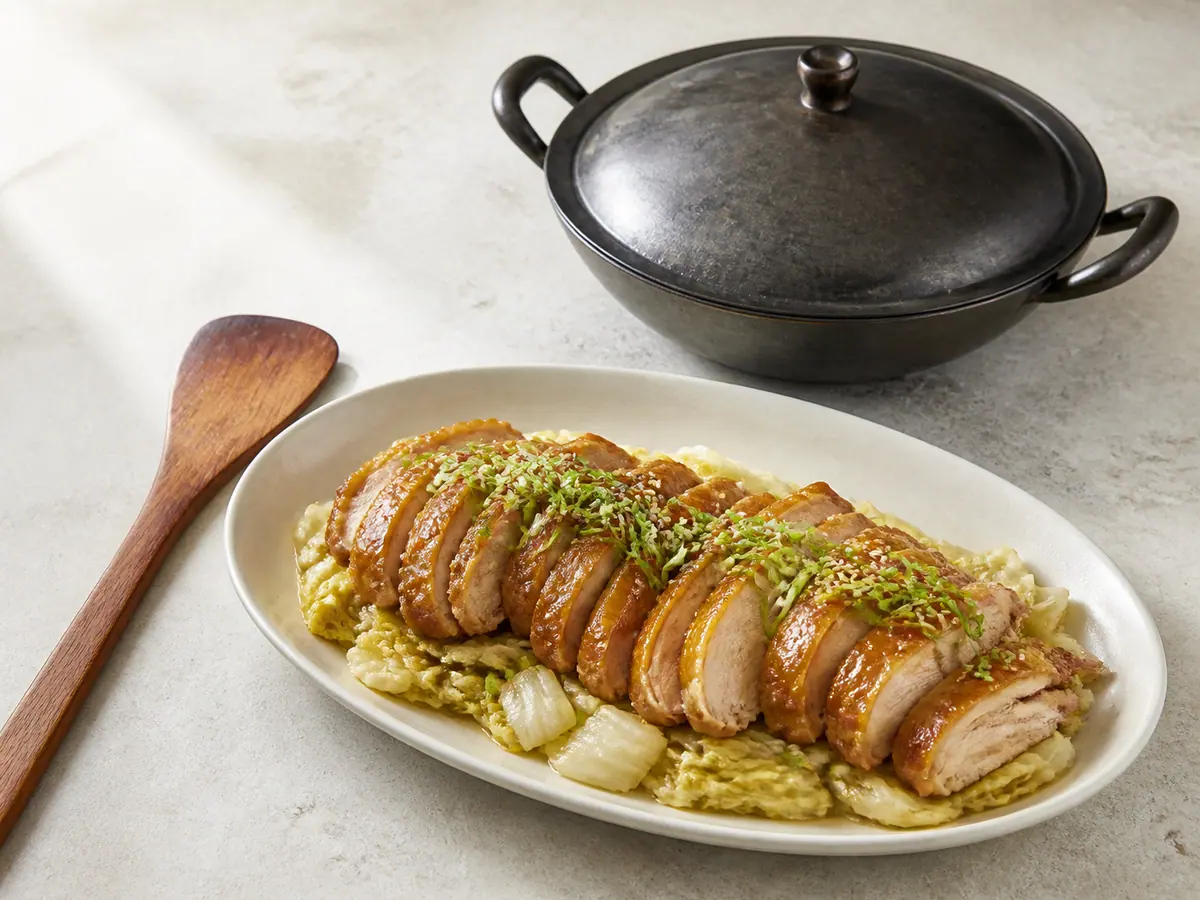 Tea-smoked chicken sliced over glossy Napa cabbage with sesame and scallion tops