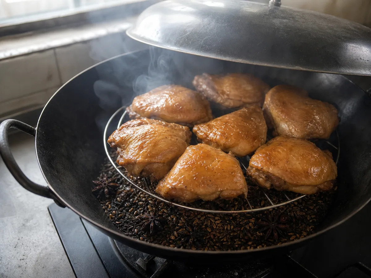 Sobrecoxas de frango totalmente cozidas, com superfície levemente âmbar da defumação com chá, sobre uma grade em wok forrada com papel-alumínio
