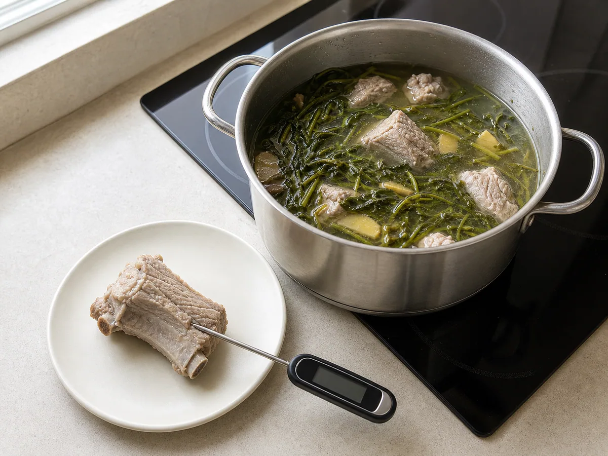 Food thermometer correctly placed in the thickest meat of a fully cooked pork rib away from the bone