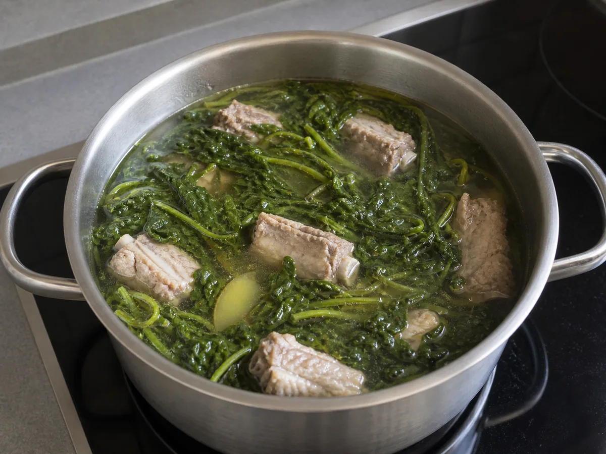 Wilted deep-green watercress leaves with tender pork ribs in clear Cantonese broth