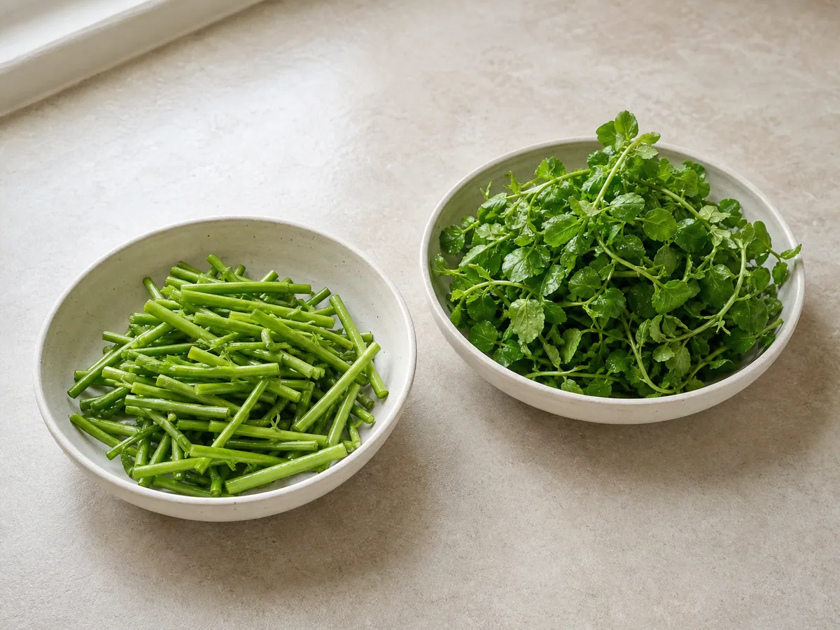 Washed fresh watercress separated into thick stems and leafy tops for Chinese watercress and pork rib soup