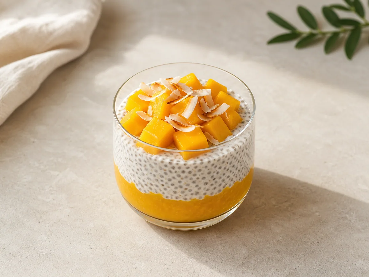 Layered coconut mango chia pudding topped with diced mango and toasted coconut