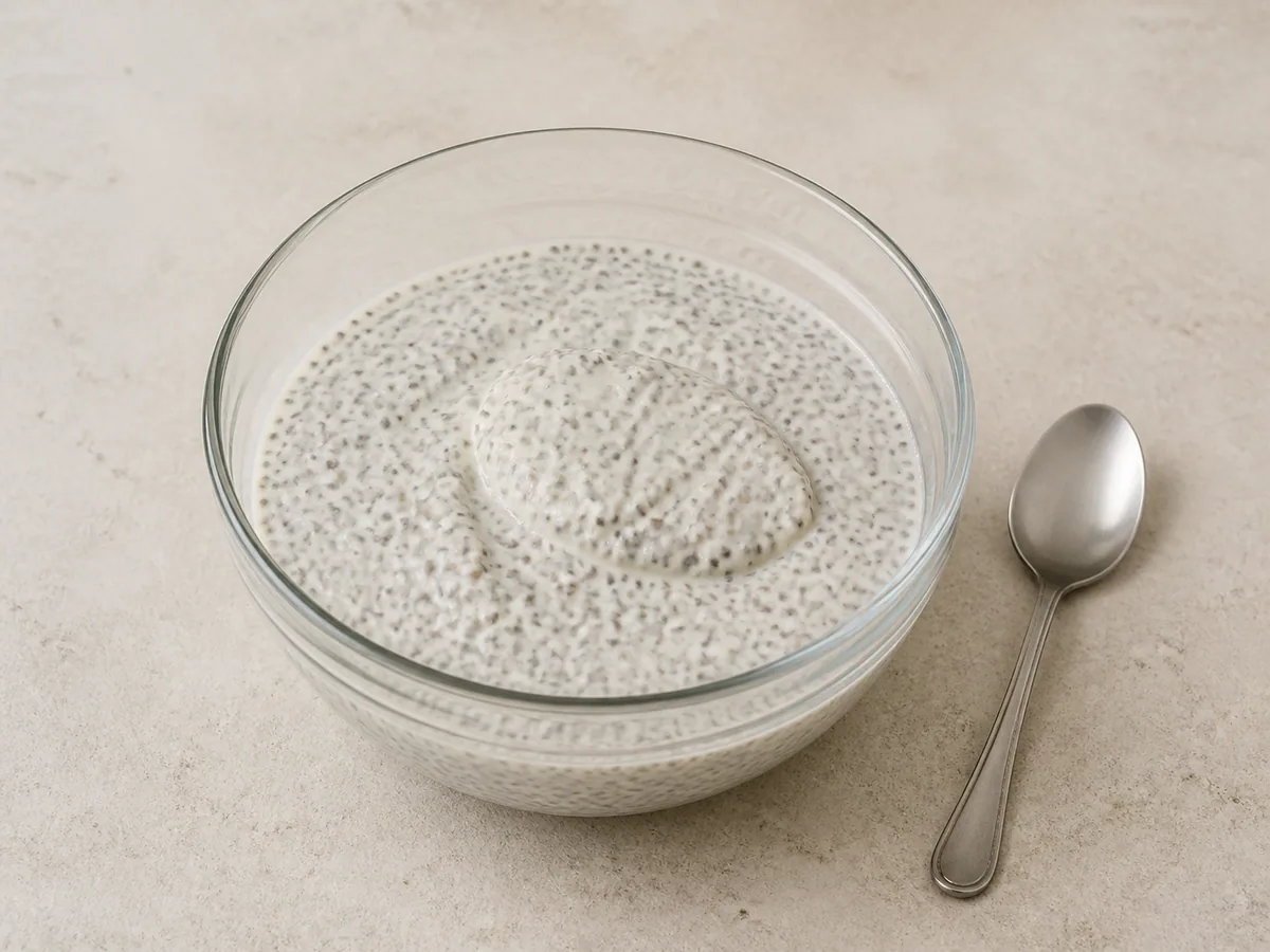 Pudim de chia com coco engrossado, formeo um montinho macio no formato da colher