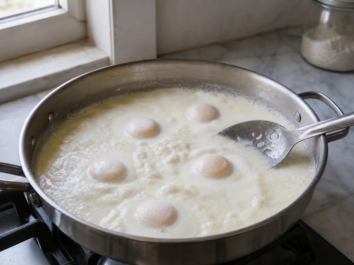 Fully cooked eggs in Colombian changua with opaque whites and firm yolks