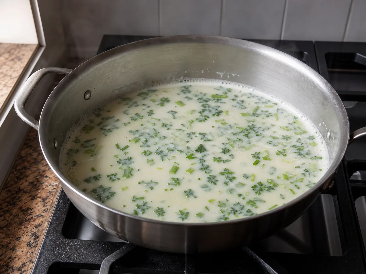 Herb-speckled milk broth for Colombian changua steaming with small bubbles around the saucepan edge