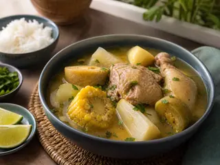 Bowl of Colombian chicken sancocho with yuca, corn, plantain, potatoes, and cilantro