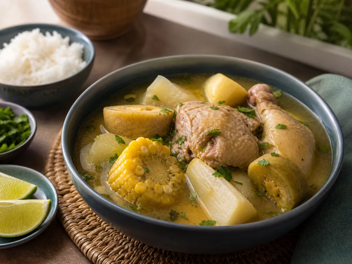 Bowl of Colombian chicken sancocho with yuca, corn, plantain, potatoes, and cilantro