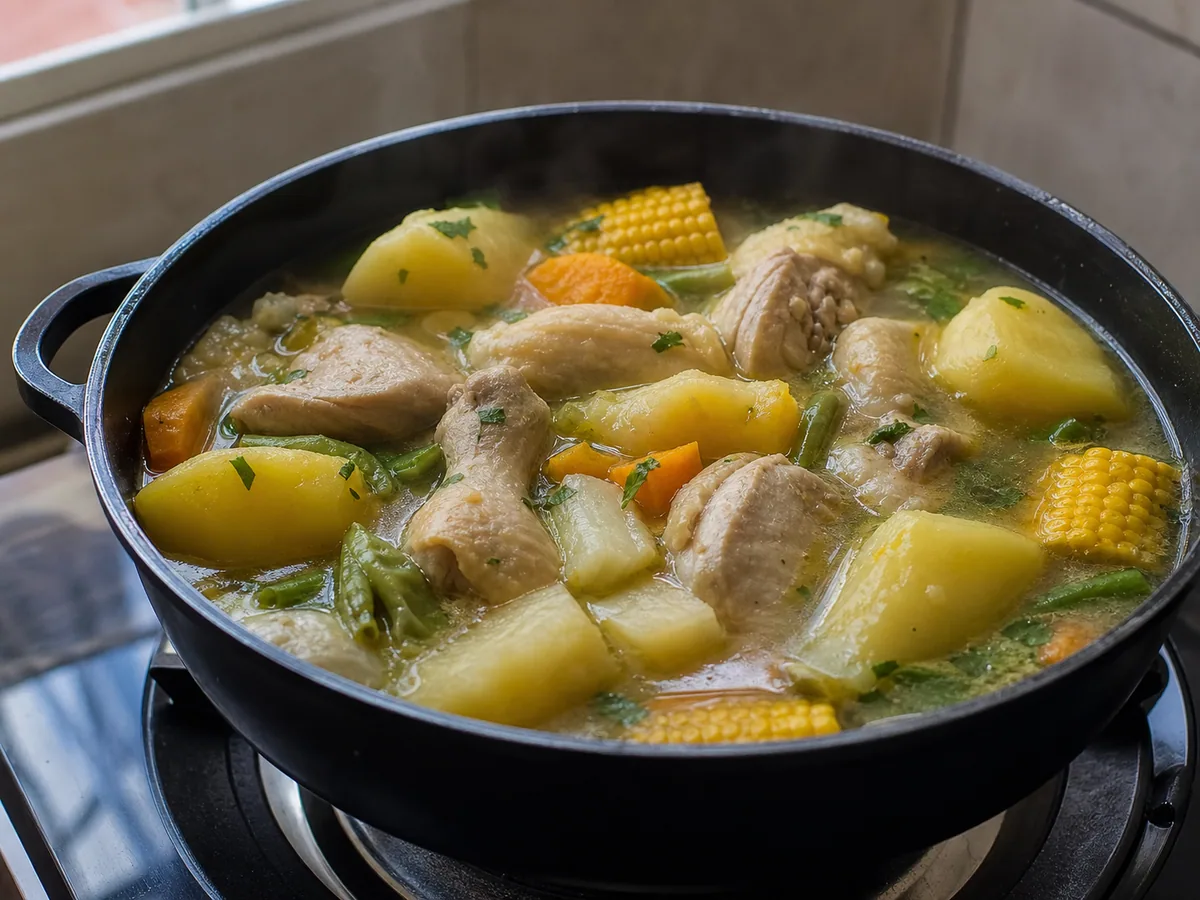 Frango totalmente cozido devolvido à panela com mandioca, batatas, milho e banana-da-terra macios no sancocho colombiano