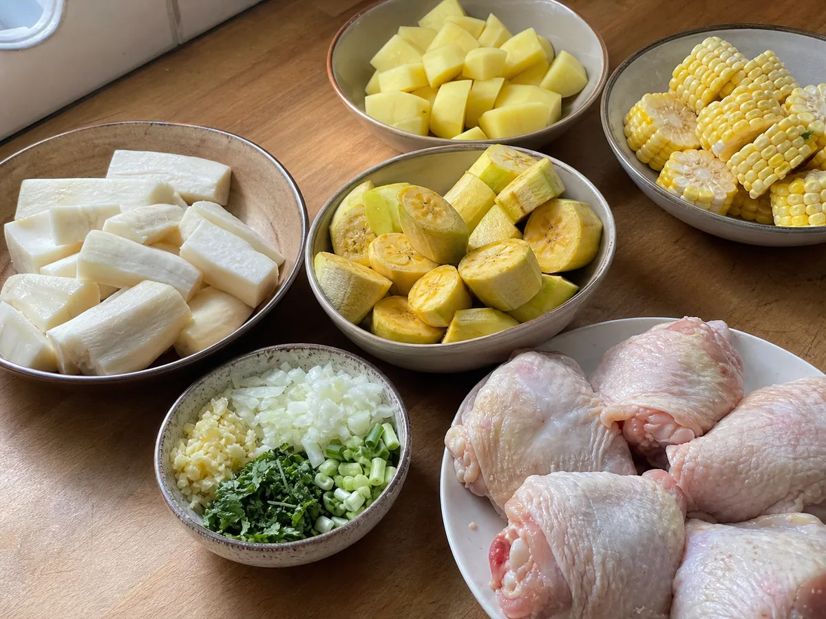 Mandioca fresca doce descascada além da camada rosada, sem o miolo fibroso, ao lado de banana-da-terra, batatas e milho cortados para o sancocho colombiano de frango