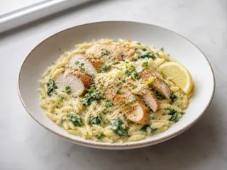 Orzo cremoso de frango com limão, espinafre, parmesão e salsinha em uma tigela rasa