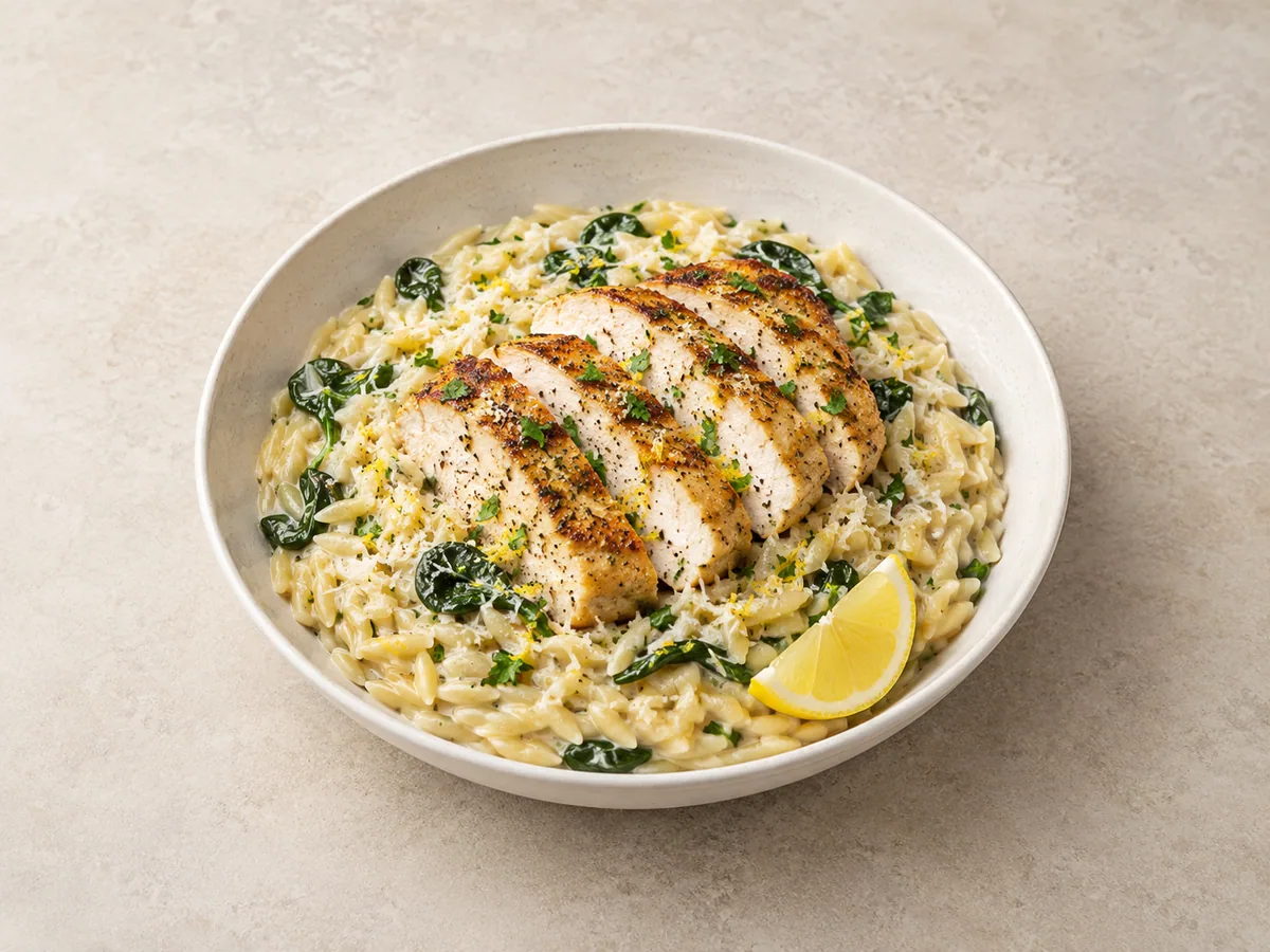 Orzo cremoso de pollo con limón, espinaca, parmesano y perejil en un plato hondo bajo