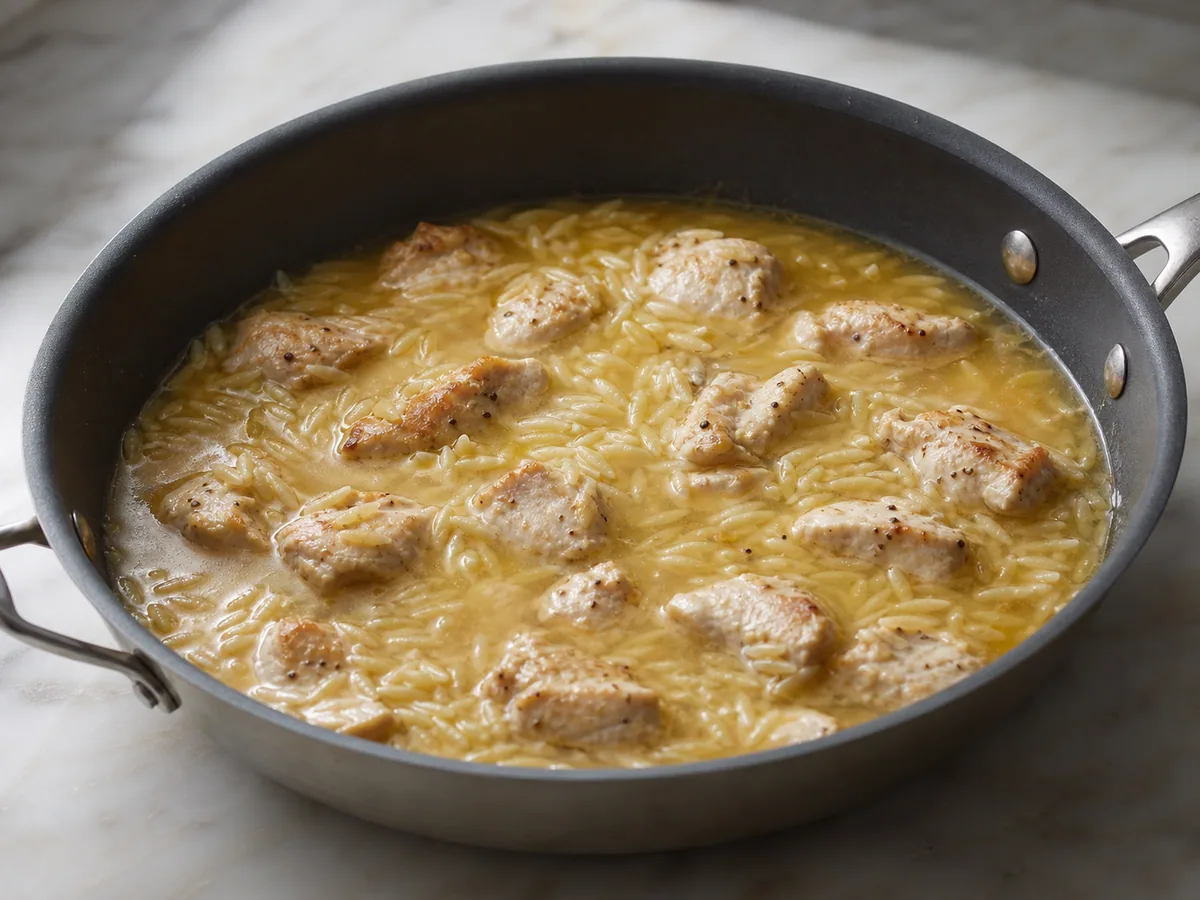 Pollo completamente cocido y orzo al dente tras la cocción a fuego bajo, en el orzo cremoso de pollo con limón