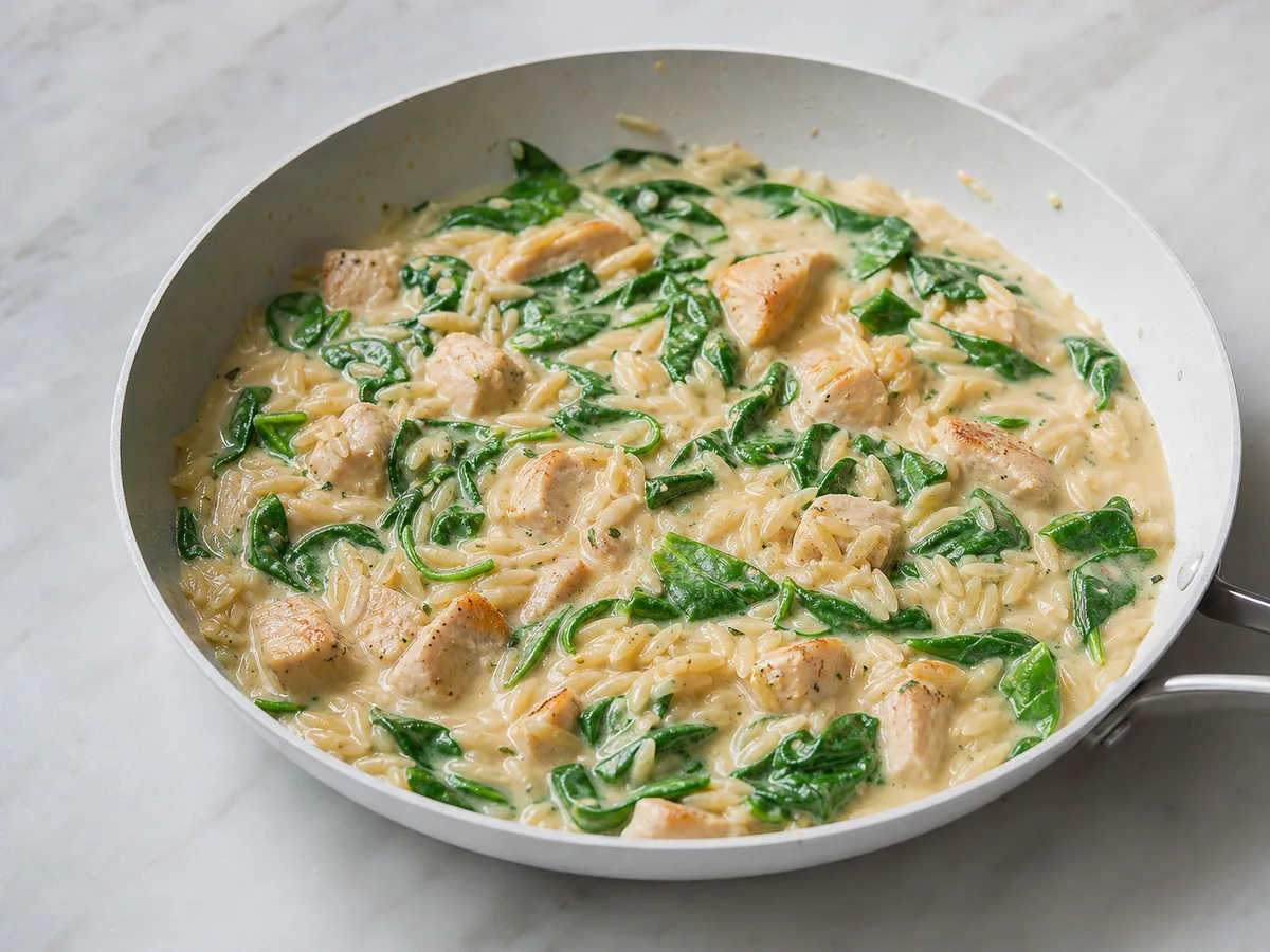 Espinaca tierna incorporada al orzo cremoso de pollo antes de añadir limón y parmesano