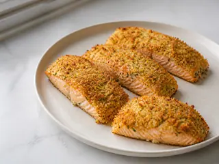 Filetes de salmón crujientes con limón y hierbas, cubiertos con una costra dorada de panko