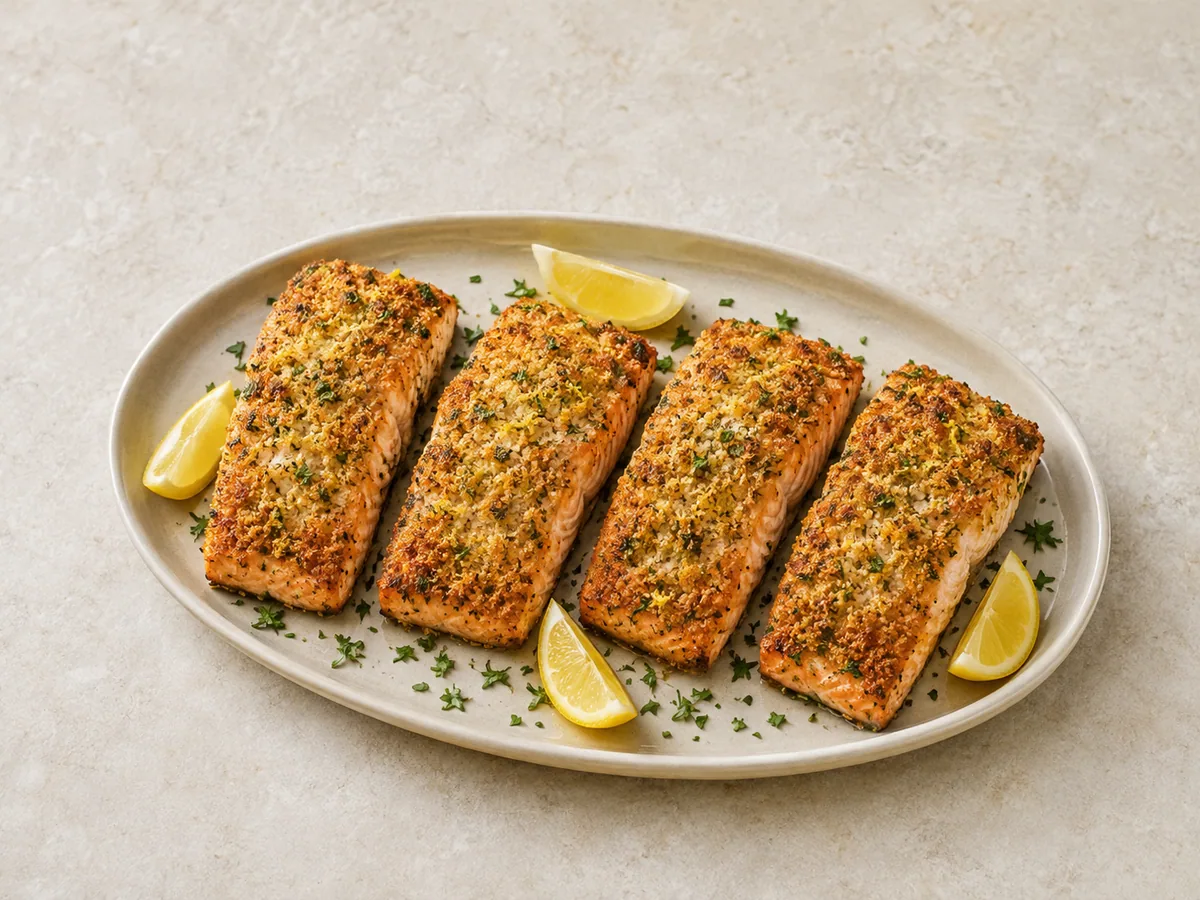 Crispy lemon herb salmon fillets with a golden panko crust